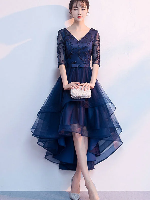 Blue Red High Low V-neck Formal Dress