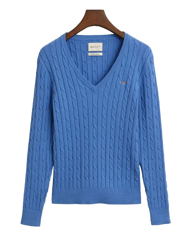 Stretch Cotton Cable V-Neck Sweater - Perfect Blue Herringbone Houndstooth Plaid