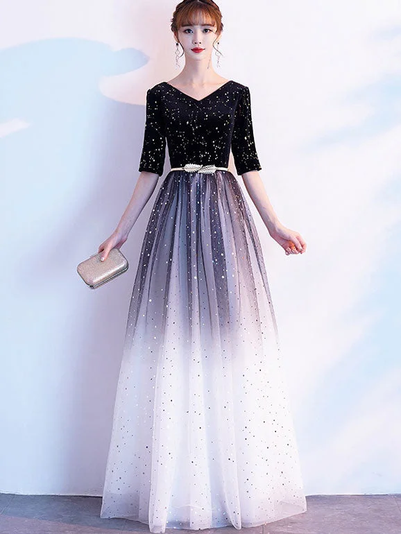Gradient Black Floor Mid Tulle Evening Prom Dress