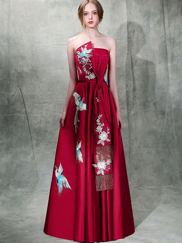 Burgundy Embroidered Strapless Wedding A-Line Prom Dress