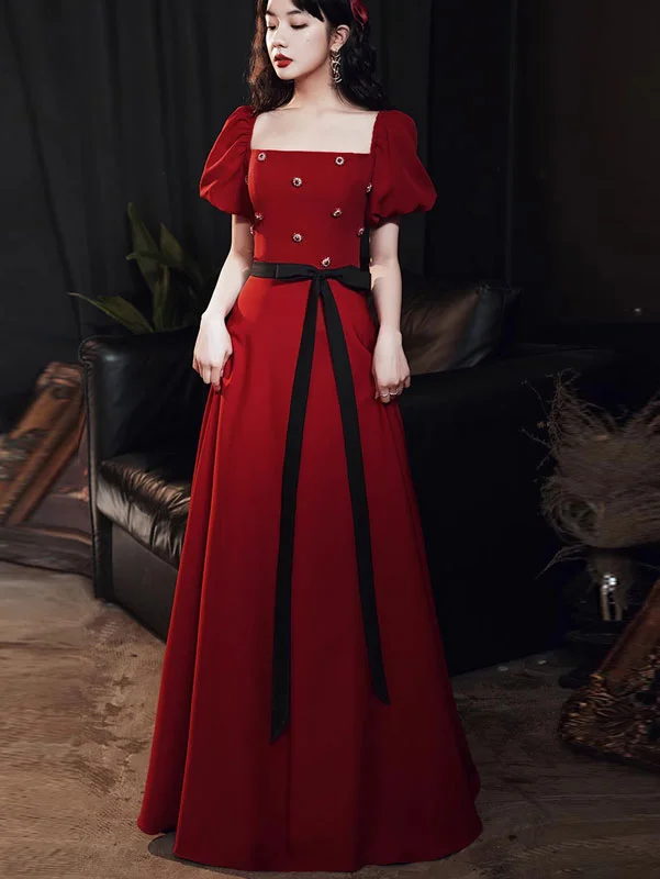 Red Square Neck Belt A-line Formal Bride Dress