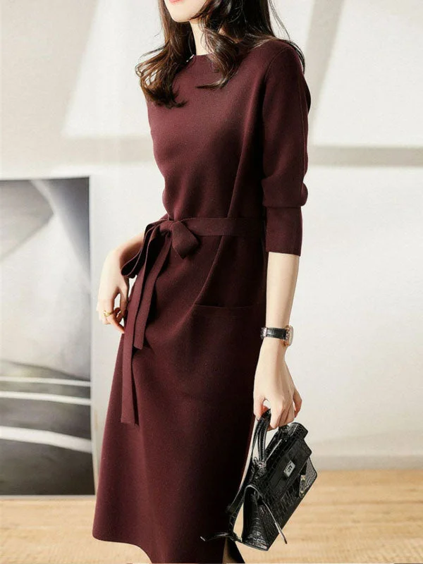 Burgundy Black Winter Knit Sweater Belt Midi Dress Herringbone Houndstooth Plaid