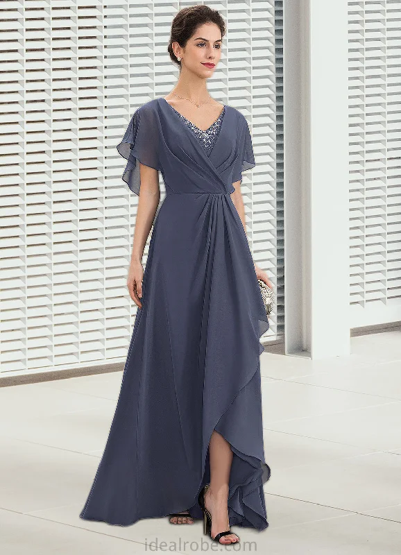 Kennedy A-Line V-neck Asymmetrical Chiffon Mother of the Bride Dress With Beading Sequins STK126P0014541