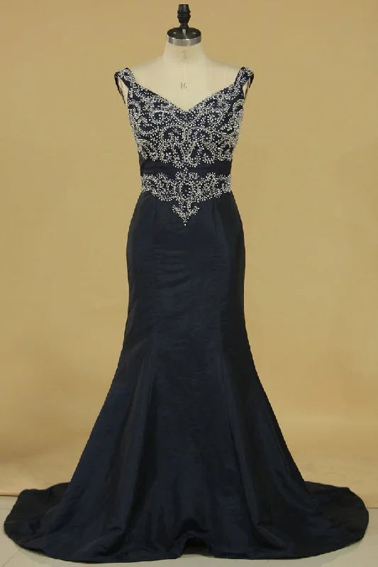 Taffeta Straps Mermaid Sweep Train Prom Dresses
