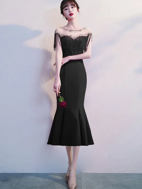 Red Black Beads Tassels Fishtail Formal Dress