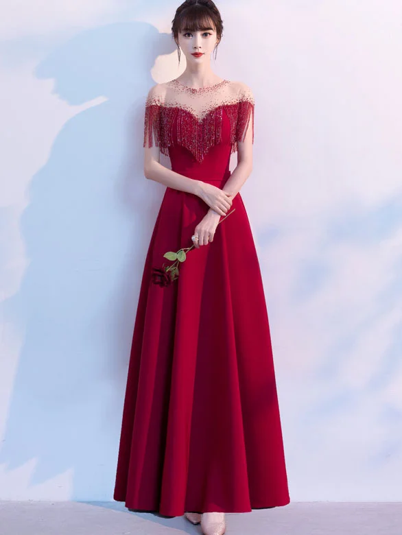 Red Black Beads Tassels A-Line Full Length Formal Dress