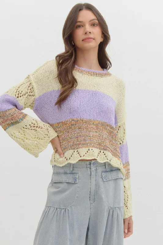 Entro Crochet Colorblock Long Sleeve Sweater Long Sweater Short Sweater Cropped Sweater