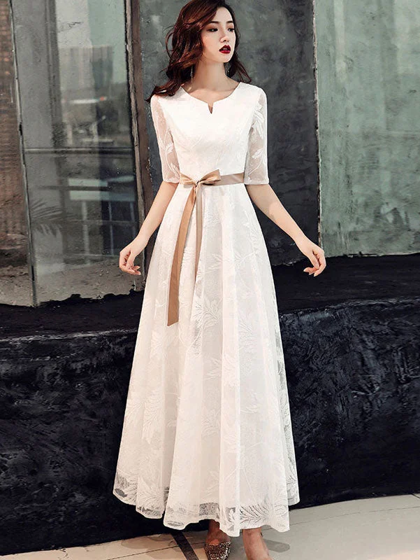 White Black Fit & Flare Lace Floor Length Evening Prom Dress