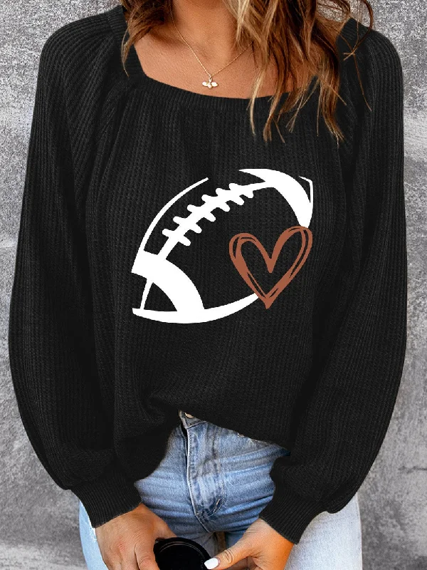 Women's Black Football Waffle Knit Sweater Solid Color Striped Floral Print
