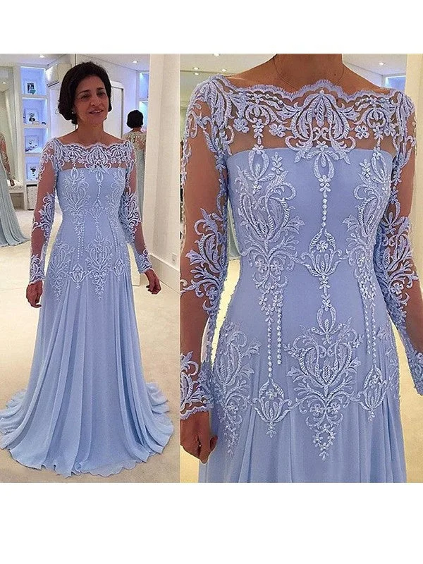 Khloe A-Line/Princess Chiffon Applique Scoop Long Sleeves Sweep/Brush Train Mother of the Bride Dresses STKP0020420