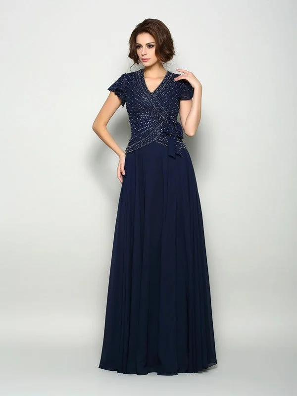 A-Line/Princess V-neck Beading Short Sleeves Long Chiffon Mother of the Bride Dresses TPP0007281