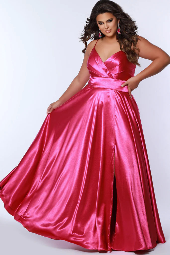 Sydney's Closet SC7355 A Line Satin Plus Size Prom Dress Slit V Neck Formal Gown Corset