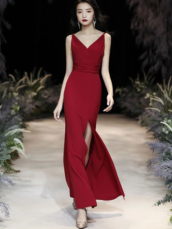Wine Red V-Neck Slip Thigh Slip Wedding Prom Dress