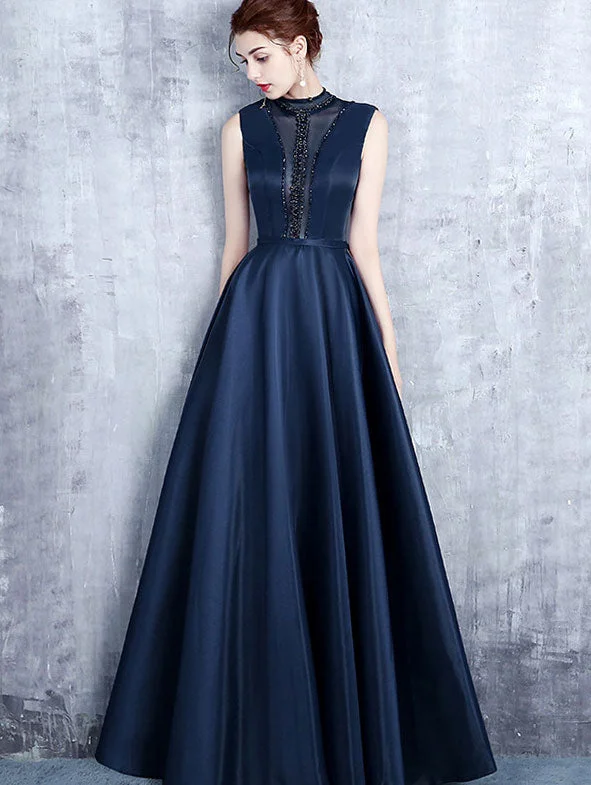 High Neck Maxi A-Line Formal Dress with Mesh Panel
