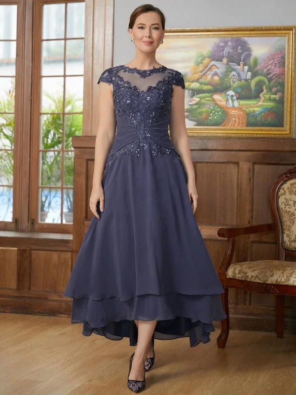 Prudence A-Line/Princess Chiffon Applique Scoop Short Sleeves Asymmetrical Mother of the Bride Dresses STKP0020307