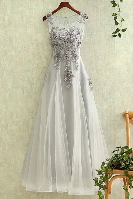 Tulle With Applique A Line Prom Dresses Scoop Lace Up