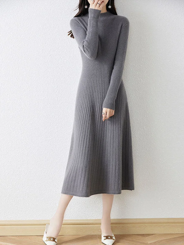 Gray Black Winter Crew Neck Knit Sweater Midi A-line Dress Neon Metallic Matte