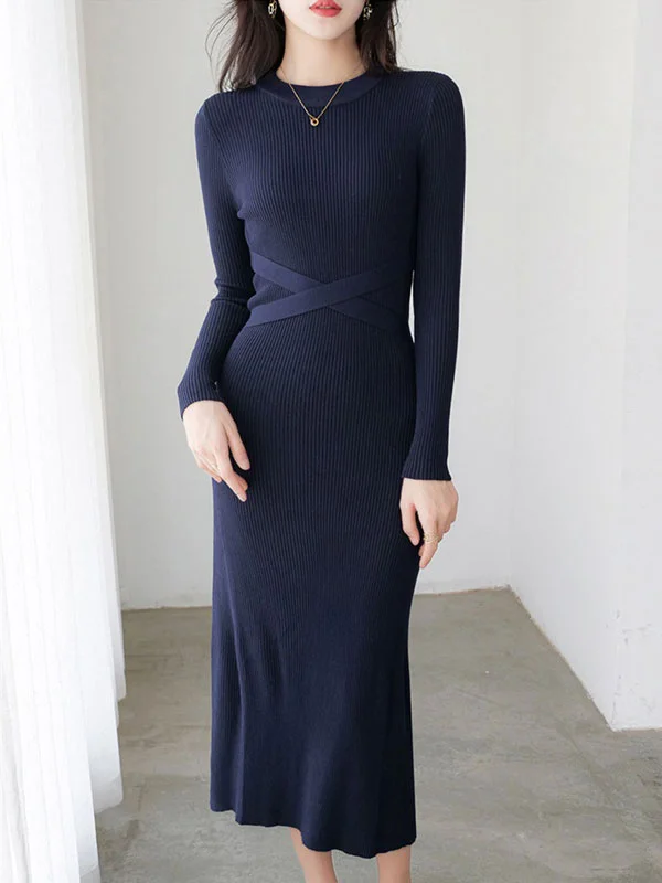 Blue Winter Crew Neck Knit Sweater Belt Midi Dress Anti-Pilling Anti-Shrink Durable