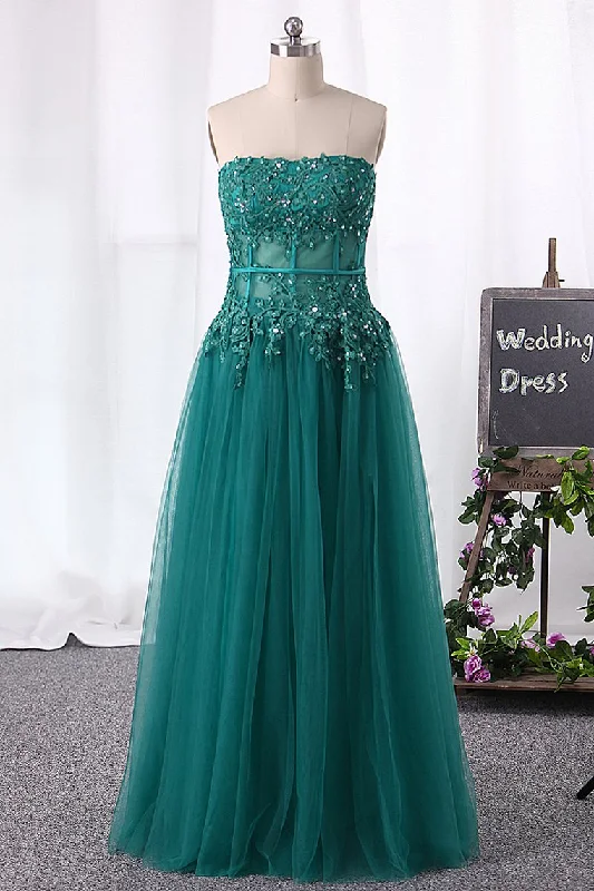 Strapless Prom Dresses A Line Tulle With Applique And Slit