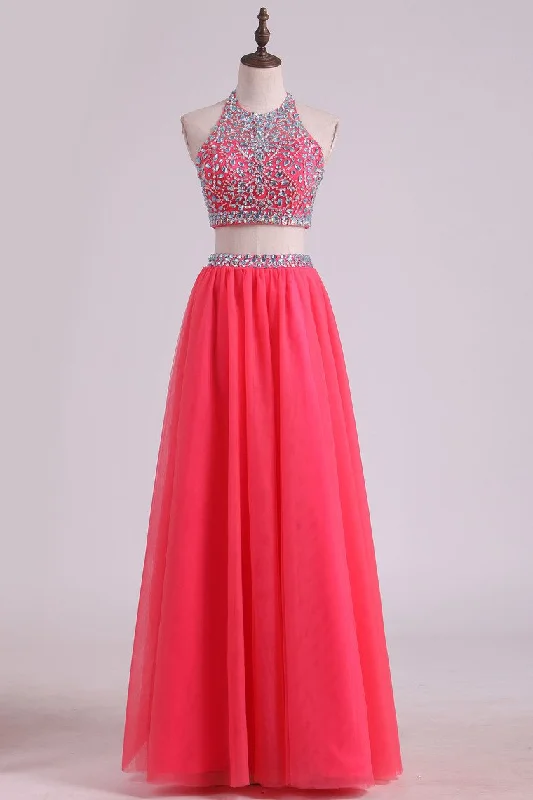 Two Pieces Halter Prom Dresses A Line Tulle With Beading Floor Length