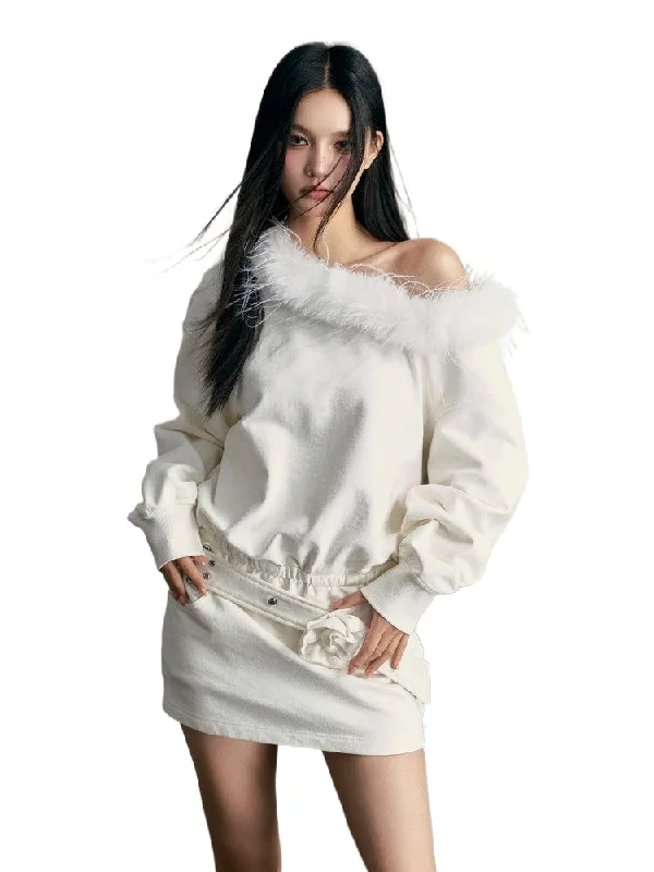 Off-Shoulder Wool Collar Sweater Dress Lace Blend Ribbed Blend Corduroy Blend