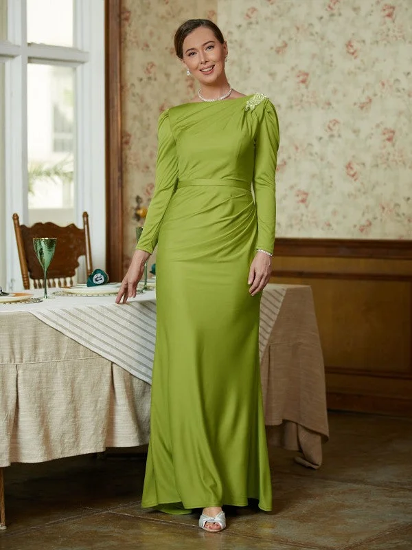 Josephine Sheath/Column Jersey Ruched Scoop Long Sleeves Floor-Length Mother of the Bride Dresses STKP0020352