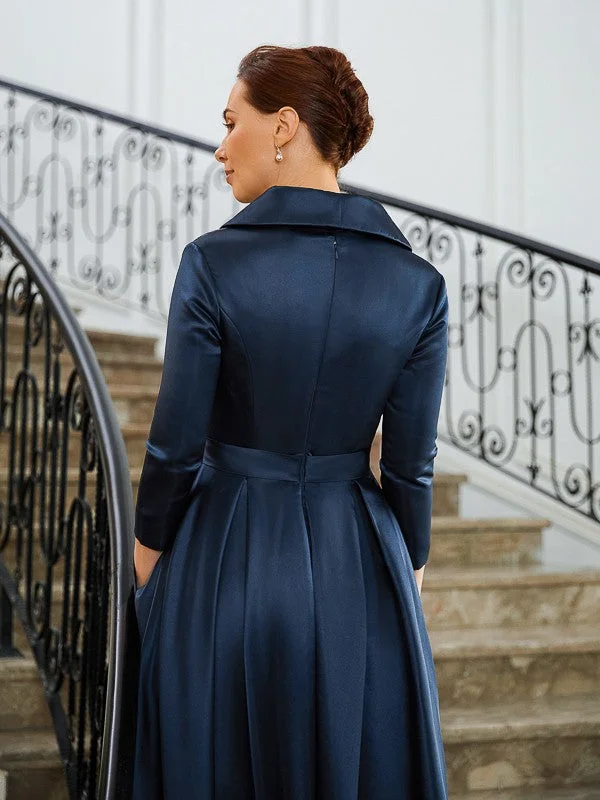 Lily A-Line/Princess Satin Ruched V-neck Long Sleeves Asymmetrical Mother of the Bride Dresses STKP0020274