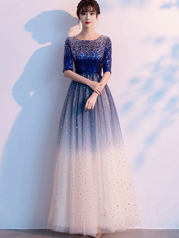 Gradient Colorblocked Floor Length Tulle Evening Prom Dress