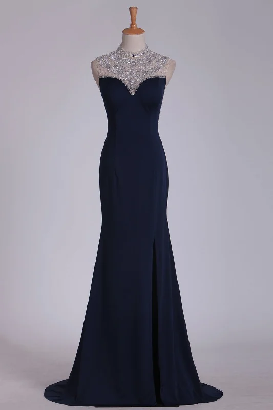 Spandex Prom Dresses High Neck With Beading Sweep Train Sheath