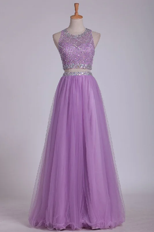Two Pieces Bateau Prom Dress A Line With Beading Tulle