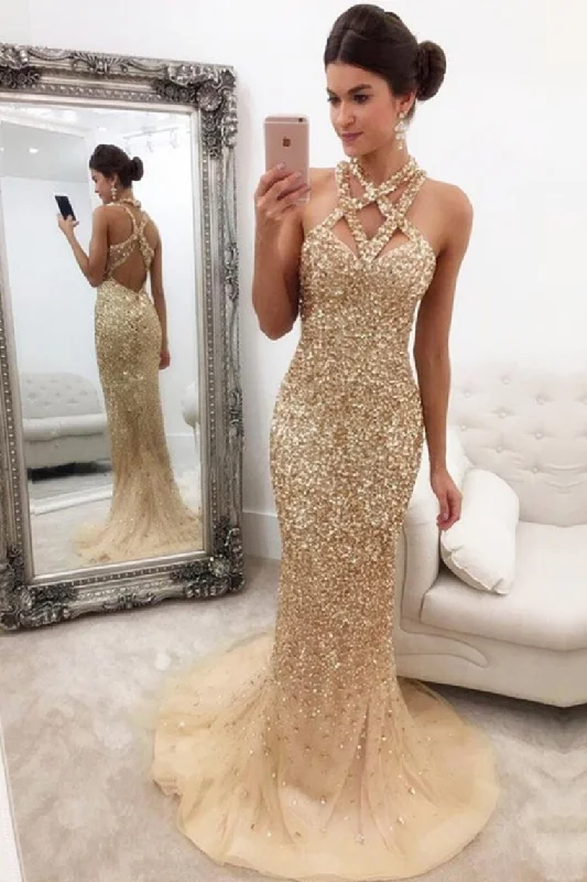 Straps Prom Dresses Tulle With Beading Mermaid Open Back