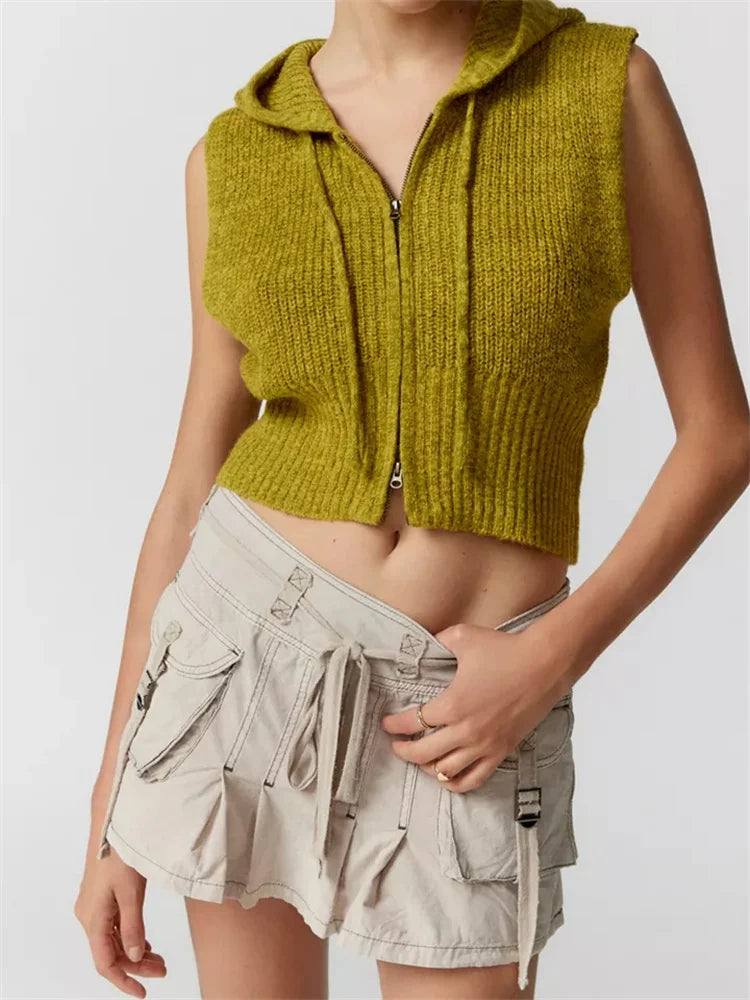 Fashion Knitted Hooded Sweater Vest Solid Color Front Zip Up Drawstring Sleeveless Cropped Streetwear 2024 Crop Top Soft Cozy Warm