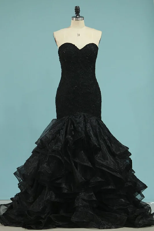 Sweetheart Organza With Applique And Beads Mermaid Prom Dresses