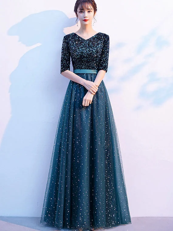 Shimmer Fit & Flare Tulle V-neck Prom Dress