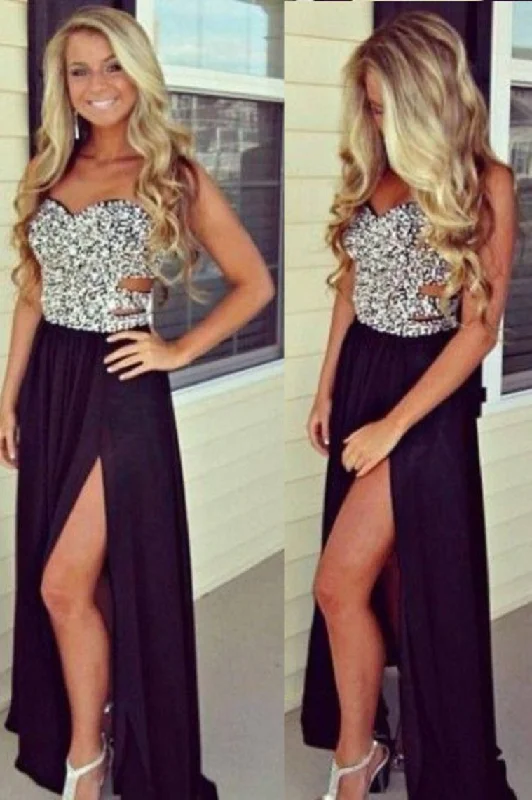 Sweetheart Prom Dresses Beaded Bodice A Line Chiffon