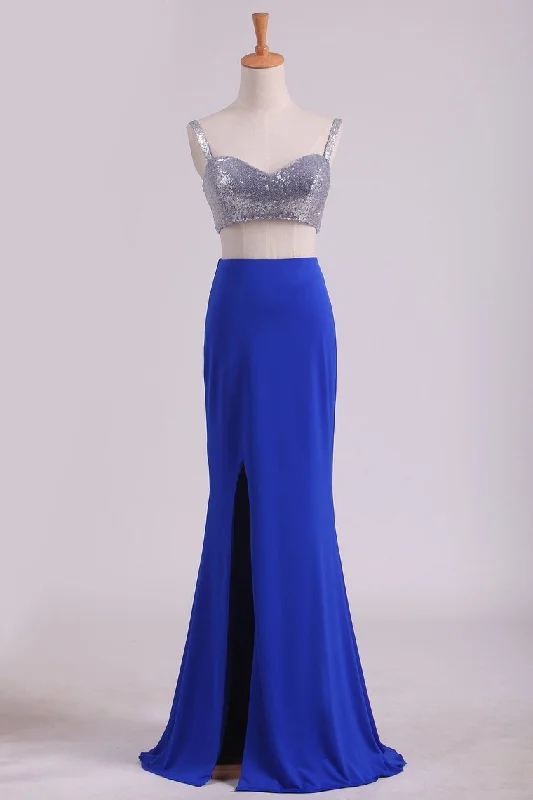 Spaghetti Straps Two Pieces Sheath Prom Dresses Spandex With Slit And Beads