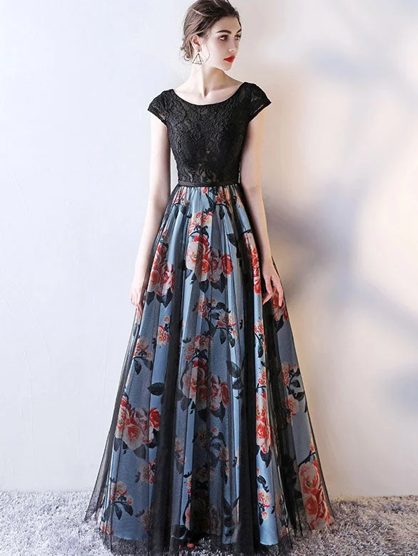 Floral A-Line Floor Length Evening Prom Dress