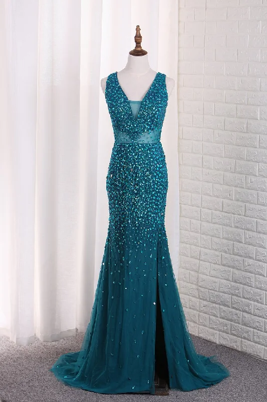 Straps Mermaid Prom Dresses Tulle With Beads And Slit Open Back
