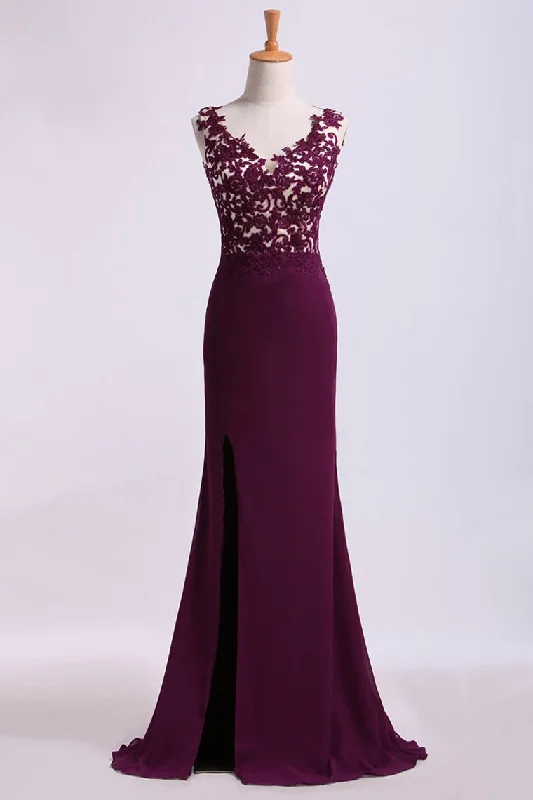 Straps Prom Dresses With Slit&Applique Floor Length Chiffon