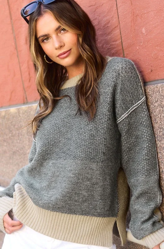 A Cut Above Black Color Block Slit Hem Sweater Open Front Closed Front Wrap Front