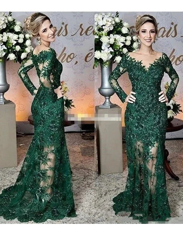 Savannah Sheath/Column Lace Applique Scoop Long Sleeves Sweep/Brush Train Mother of the Bride Dresses STKP0020402