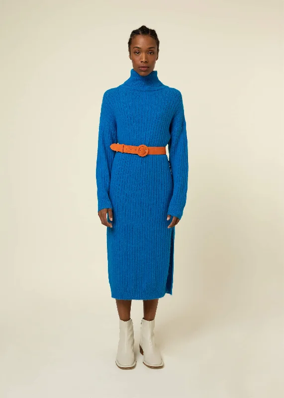 FRNCH Cobalt Blue Turtleneck Sweater Dress Houndstooth Herringbone Solid