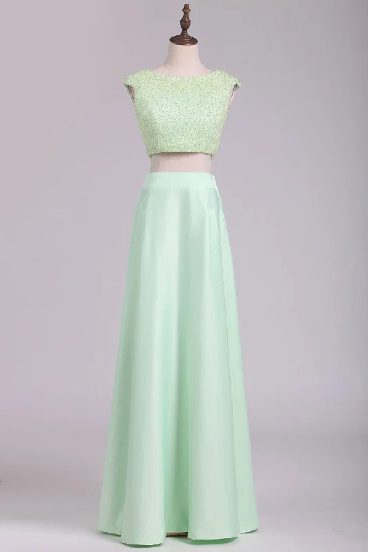 Two Pieces Cap Sleeves A Line Prom Dresses Scoop Beaded Bodice Stretch Satin