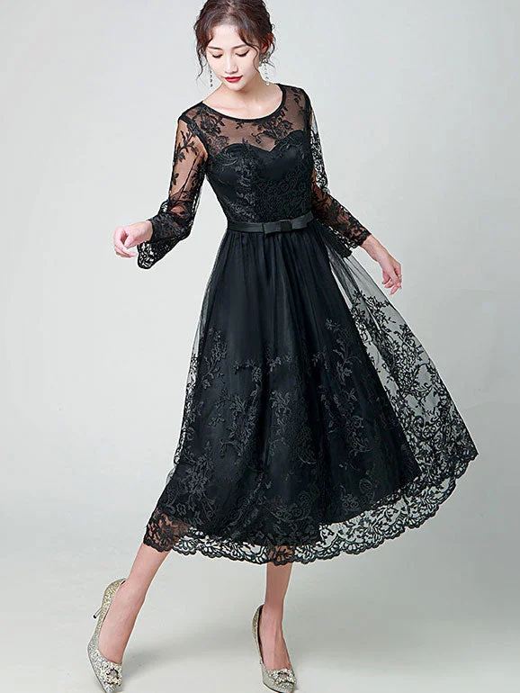 Black Illusion Floral Lace Overlay A-Line Dress