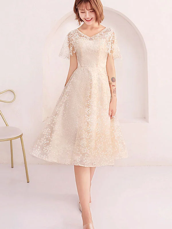 Beige Red Lace Fit & Flare Flutter Sleeve Mid Dress