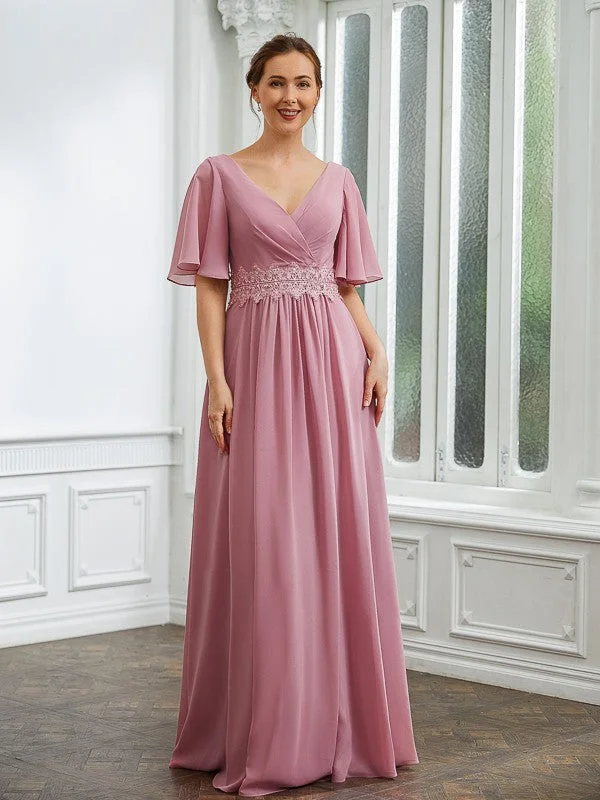 Renee A-Line/Princess Chiffon Ruched V-neck 1/2 Sleeves Floor-Length Mother of the Bride Dresses STKP0020248