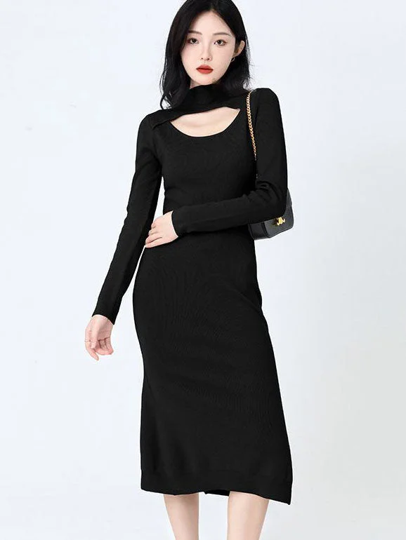 Black Khaki High Neck Cutout Knit Sweater Midi Dress Elegant Classic Vintage