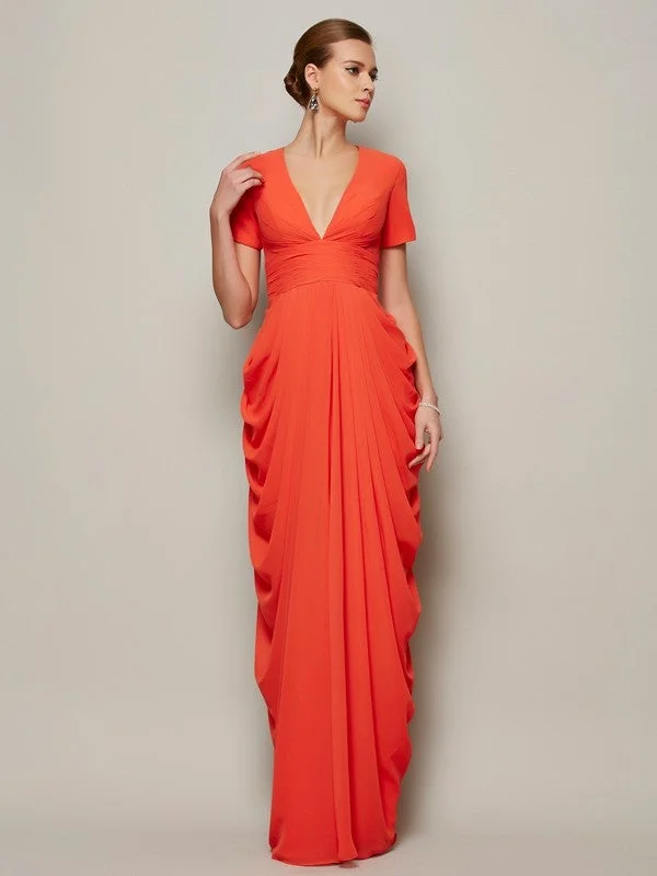 Sheath/Column V-neck Short Sleeves Pleats Long Chiffon Mother of the Bride Dresses TPP0007180