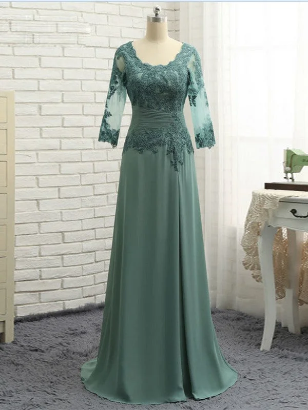 Tamara A-Line/Princess Chiffon Applique Scoop 3/4 Sleeves Sweep/Brush Train Mother of the Bride Dresses STKP0020418
