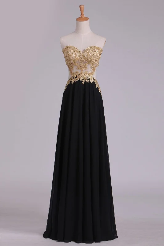 Sweetheart Prom Dresses A Line Chiffon With Gold Applique Sweep Train